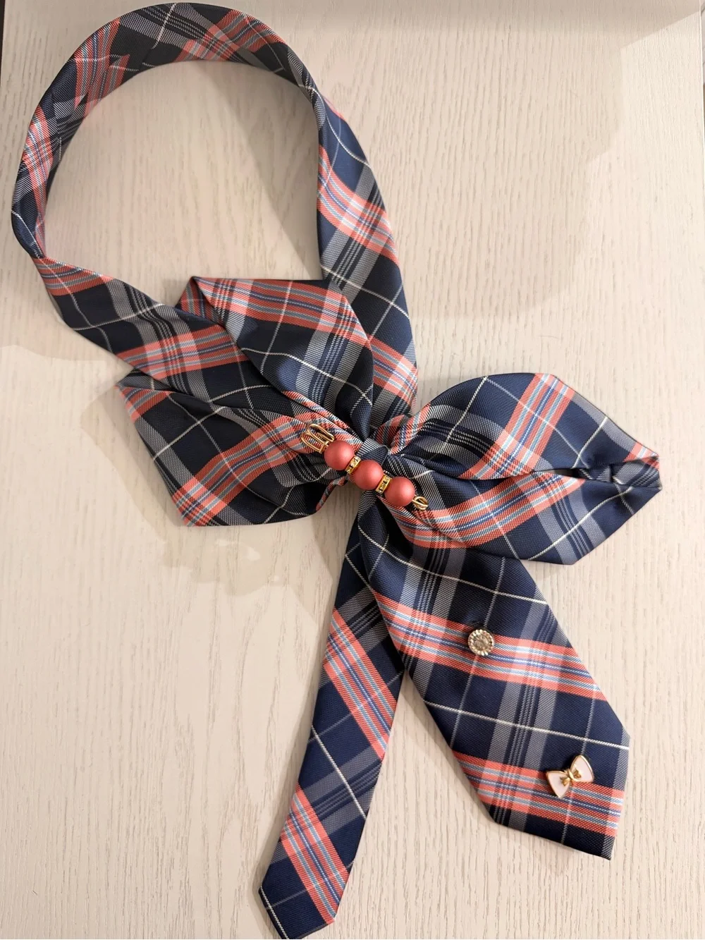 Plaid Bow Necklace with Coral Bead Accents - Picture 2 of 2